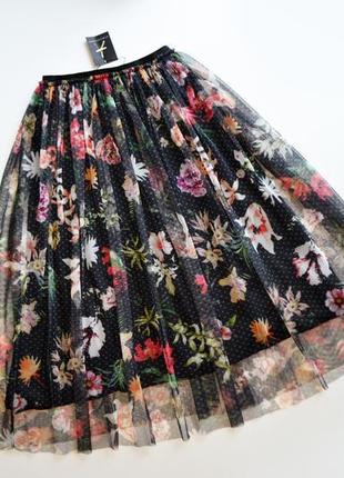 Красивая сетчатая пышная юбка миди в цветы1 фото