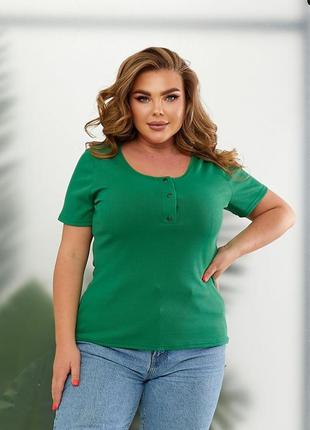 Женская футболка в рубчик батал зеленая трава
