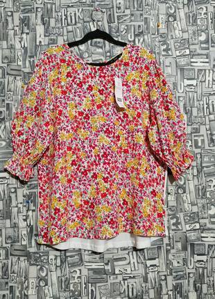 Новая натуральная комбинированная блузка с рукавами-фонариками от f&f, батал.