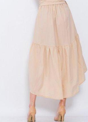 Бежевая асимметричная оригинальная юбка на запах с воланом3 фото