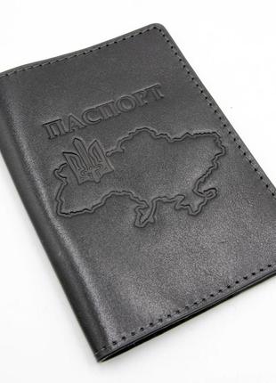 Обкладинка на паспорт патріотична grande pelle, шкіряна обкладинка з гравіюванням, обкладинка чорна на паспорт