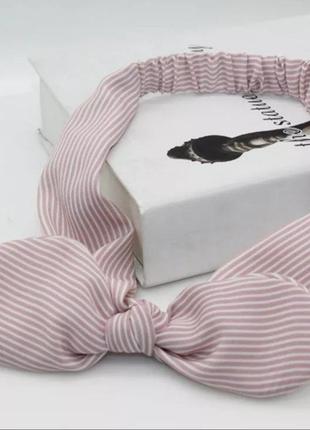 Повязка солоха для волос с бантиком  розовая с белой полоской1 фото