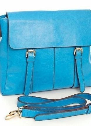 Жіноча шкіряна бірюзова сумка-портфель з довгою ручкою через плече