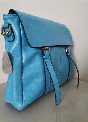 Женская кожаная бирюзовая сумка- портфель с длинной ручкой через плечо5 фото