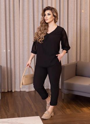 Костюм летний блузка свободная  вырез v образный  рукав 3/4 вставка из шифона брюки на резинке боковые карманы низ манжет ткань евро костюмка + шифон