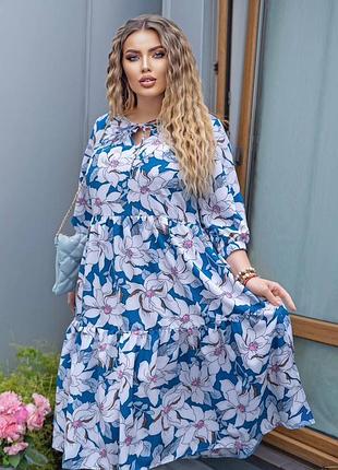 Платье миди батал талия свободная под поясок вырез лодочка  на завязке рукав 3/4 на манжете с тесемкой юбка расклешонная с воланом ткань супер софт