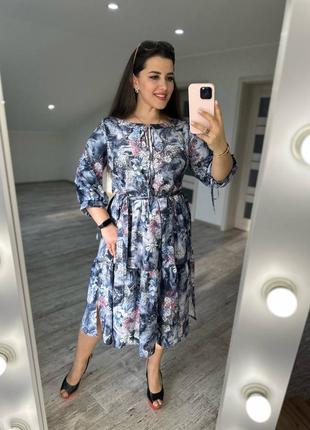 Платье миди батал талия свободная под поясок вырез лодочка  на завязке рукав 3/4 на манжете с тесемкой юбка расклешонная с воланом ткань супер софт