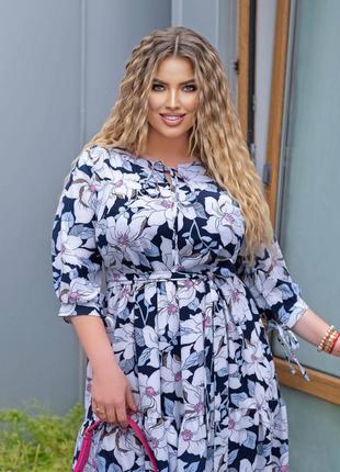 Платье миди батал талия свободная под поясок вырез лодочка  на завязке  рукав 3/4 на манжете с тесемкой юбка расклешонная с воланом ткань супер софт