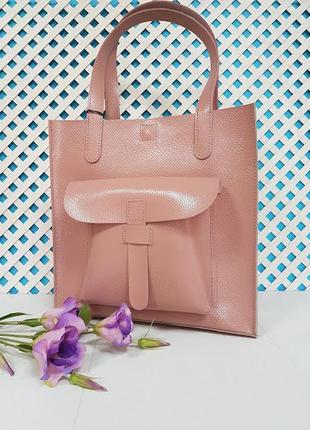 Сумка средняя натуральная кожа женская, розовый глянец под рептилию 1627