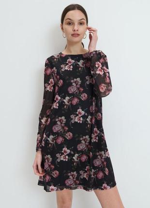 Свободное платье в цветочный принт, рукав фонарик, шифоновое платье нарядное1 фото