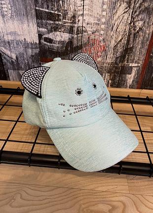 Красивая милая кепка с ушками и стразами, котик, бирюза, 56-58