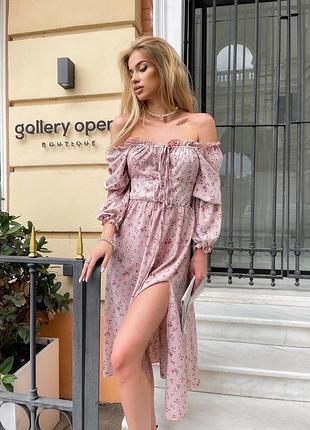 Роскошное нежное женственное платье миди с разрезом с пышной юбкой расклешенное с корсетным лифом пудровое розовое вечернее на выход