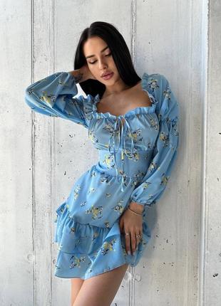 Платье женское короткое мини цветочное нарядное легкое летнее на лето базовое повседневное бежевое голубое черное батал