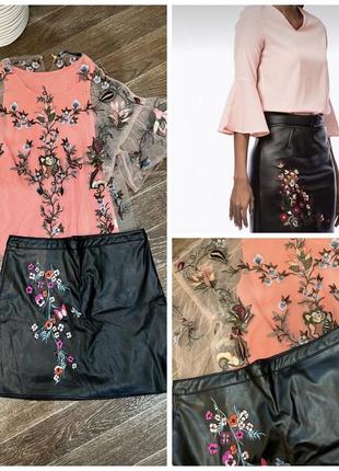 Продам набор в стиле вышиванки блузка zara, юбка из эко кожи