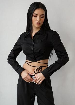 Сорочка коротка на шнуровці вкорочена сорочка чорна сорочка топ з довгими рукавами