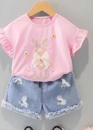 Джинсовые шорты+футболка, костюм для девочки