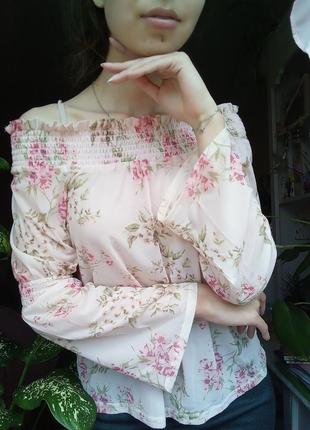 Нежная блузка в сеточку с цветами, блуза в цветочный принт, кофта с открытыми плечами
