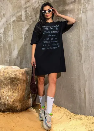 Коротке плаття футболка з  написами чорна сукня коротка плаття оверсайз