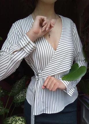 Сатиновая рубашка, асиметричная блузка в полоску, белая блуза-рубашка, асиметричная рубашка2 фото