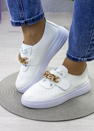 Летние женские кеды, кроссовки белые перфорация с цепью - женская обувь на лето5 фото