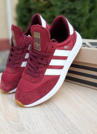 Жіночі бордові замшеві кросівки з сіткою adidas iniki 🆕 адідас інікі