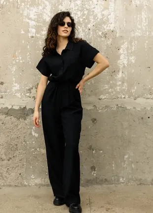 Чорний комбінезон легкий оверсайз комбінезон зі штанами