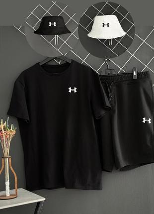 Шорти чорні under armour білий лого + футболка чорна under armour + панама under armour (панама чорна або