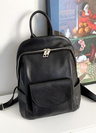 Стильный женский большой кожаный черный рюкзак, италия6 фото