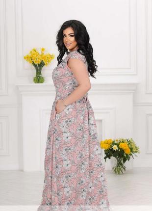 Платье женское длинное макси в пол цветочное летнее штапельное хлопок батал большого размера пудра2 фото