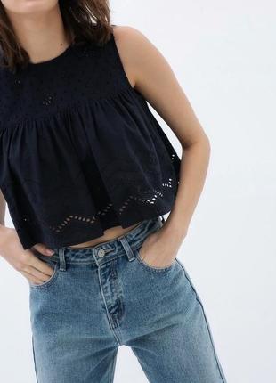 Чорний перфорований топ zara, оверсайз топ, блуза зара, ажурний мереживний топ