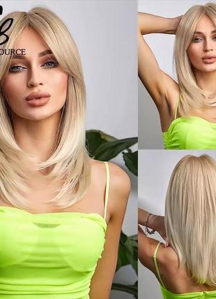Парик искусственный блонд светлый каскад с челкой чёлкой прямые волосы