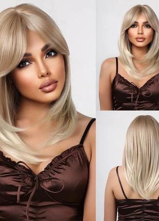Парик искусственный блонд светлый каскад с челкой чёлкой прямые волосы