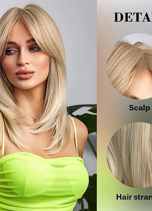 Парик искусственный блонд светлый каскад с челкой чёлкой прямые волосы