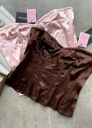 Шоколадный атласный корсетный топ от prettylittlething, корсетный топ, корсет