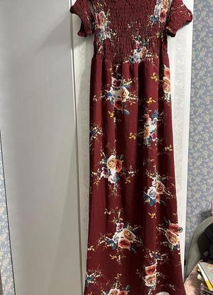 Бордовое летнее платье в цветаж спущенные плечи в стиле бридж бардо5 фото