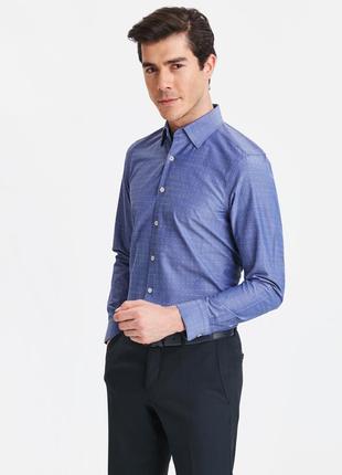 Мужская рубашка синяя lc waikiki с белыми пуговицами, в мелкую белую точку