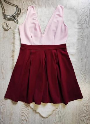 Двоколірна коротка сукня червона бордова рожева пишна спідниця складками виріз декольте