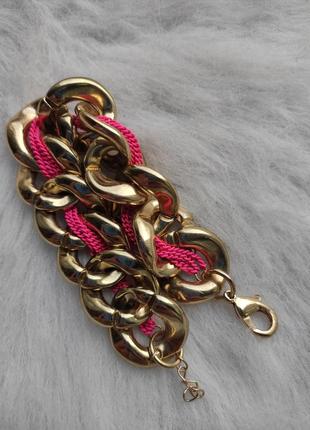 Золотой толстый широкий обьемный браслет с розовой цепочкой гипоаллергенная бижутерия цепь4 фото