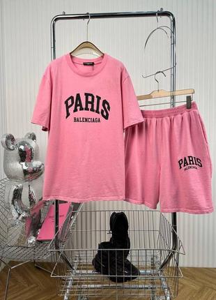 Костюм спортивный в стиле balenciaga вываренный футер футболка шорты розовый коралл