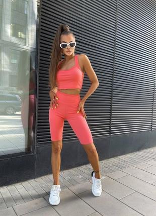 Костюм с шортами спортивный для фитнеса в спорт зал женский летний легкий на лето базовый розовый черный лиловый желтый бежевый топ2 фото