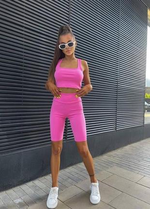 Костюм с шортами спортивный для фитнеса в спорт зал женский летний легкий на лето базовый розовый черный лиловый желтый бежевый топ3 фото