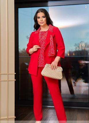 Костюм-трійка жіночий брючний блуза в горошок піджак штани батал великого розміру червоний1 фото