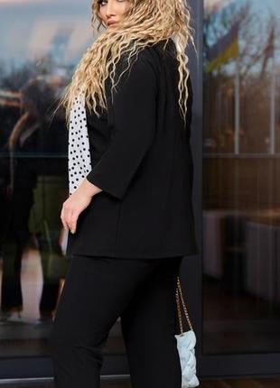 Костюм-трійка жіночий брючний блуза в горошок піджак штани батал великого розміру чорний3 фото