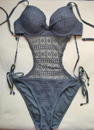 Купальник монокини пуш ап цельная ажурная вязка женский кроше слит