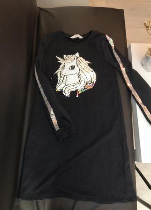 Платье пайетки единорог от h&m 134-140