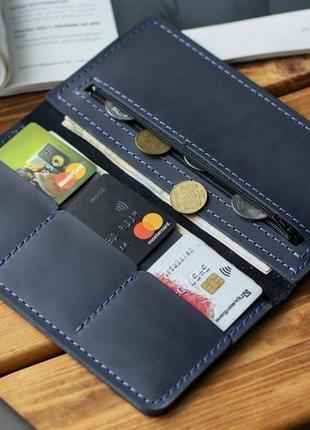 Кожаное портмоне купюрник марс из натуральной кожи синего цвета с монетницей, кошелек, бумажник9 фото