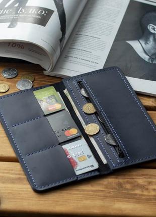 Кожаное портмоне купюрник марс из натуральной кожи синего цвета с монетницей, кошелек, бумажник3 фото