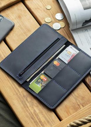 Кожаное портмоне купюрник марс из натуральной кожи синего цвета с монетницей, кошелек, бумажник5 фото