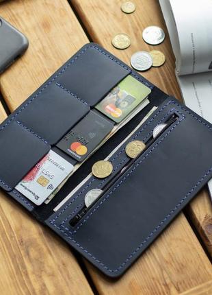 Кожаное портмоне купюрник марс из натуральной кожи синего цвета с монетницей, кошелек, бумажник