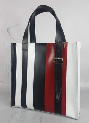 Сумка шоппер кожаная полосатая белая/черная/красная  1632